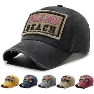 Cappello Da Baseball In Cotone Lavato Vintage Patch Lettere Miami Beach Distressed Retro Streetwear Berretto Regolabile Unisex