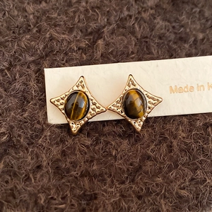 Macro shot of starburst tiger's eye stud earrings with vintage gold metal texture