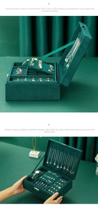 Detail of dark green velvet jewelry box showing necklace hooks and watch compartment