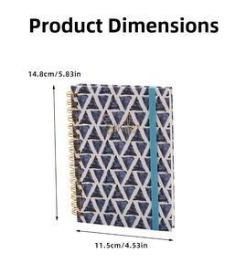 Detailed size guide of A6 spiral notebook with blue geometric pattern and elastic band