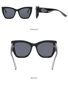 Detailed multi-angle views of black cat-eye sunglasses with thick geometric temples