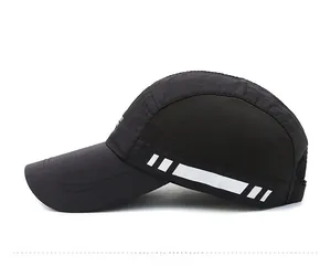 Detail view of quick-dry baseball cap with mesh side panels and reflective safety strips