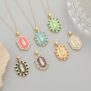 Virgin Mary square pendants in seven enamel colors with shimmering cubic zirconia stones