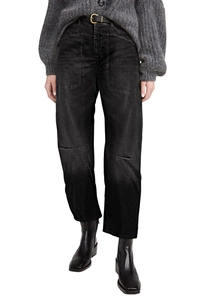Detail of high waisted washed charcoal grey jeans with functional cargo pockets and belt