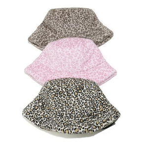 Autumn winter faux fur bucket hats set featuring three leopard print patterns on white background