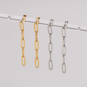 Vertical link chain earrings in gold and silver finish with paperclip drop design