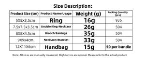 Detailed size chart for orange jewelry boxes including rings, necklaces and gift bags