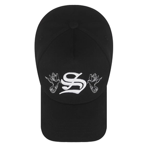 Black cotton baseball cap with white embroidered bird and letter S on white background