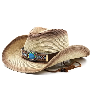 Ethnic western straw cowboy hat with turquoise bead band and gradient woven finish