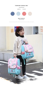 Detail view of pink and blue unicorn backpack with side mesh pocket and smooth zippers