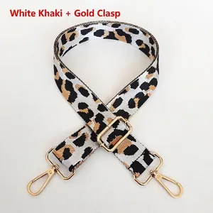 Detail of leopard print nylon bag strap with gold metal hooks and adjustable buckle