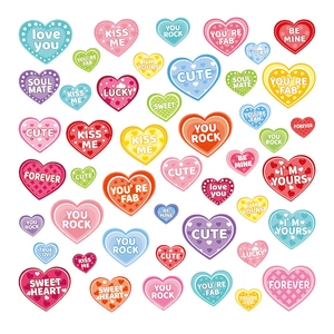 Colorful heart-shaped Valentine's Day window stickers with romantic inspirational slogans