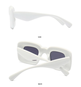 Side and back view of futuristic white rectangular sunglasses with dark lenses