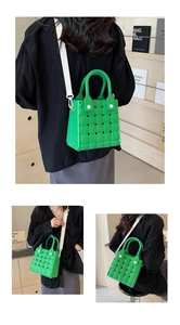 Detail showing green woven texture EVA beach bag with adjustable white canvas strap