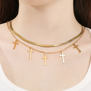 Double-layered gold stainless steel necklace with flat snake chain and five cross pendants