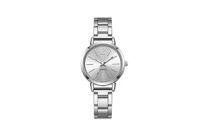 Detailed view of silver stainless steel women's quartz watch with minimalist round dial