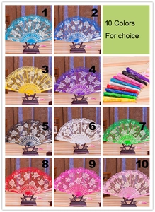 Collage of lace folding fans showing ten vibrant colors on a wooden surface