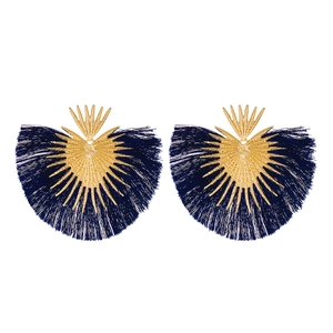 Bohemian gold fan-shaped stud earrings with deep blue silk fringe tassels on white background