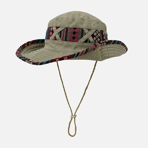 Detail of khaki outdoor sun hat with bohemian woven band and adjustable chin strap