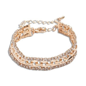 Golden double-layer geometric chain bracelet with white crystal rhinestones and extender