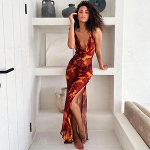 Robe Longue Sexy Femme Imprimé Léopard Dos Nu Fente Latérale Col Bénitier Polyester Maille Streetwear Été Robe de Plage