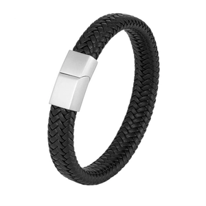 Klassisches geflochtenes schwarzes Lederarmband mit poliertem silbernem Magnetverschluss