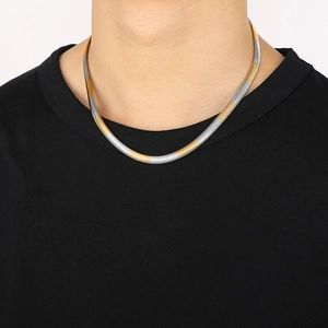 Close-up of two-tone gold and silver flat snake chain necklace on male model