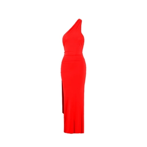 Detail of red one-shoulder ruched dress with slim fit and elegant backless design