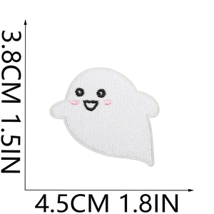 Detail view of white ghost embroidery patch showing precise 4.5cm x 3.8cm dimensions