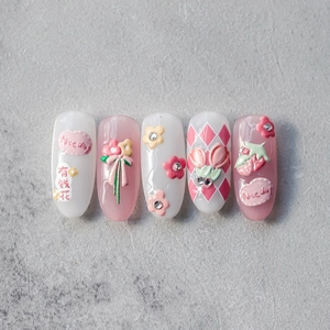 Stickers à ongles 5D stéréoscopiques fleurs roses et fraises avec nœuds 3D et motifs
