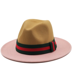 Detail of wool fedora with pink brim, camel crown and iconic green-red stripe band