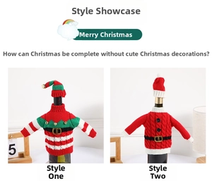 Detail of Christmas knitted wine bottle covers with Santa and elf belt designs
