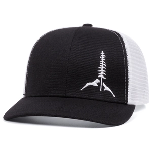 Outdoor trucker hat with pine tree embroidery and breathable white mesh backing