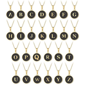 Collana Lettera Rotonda Acciaio Inossidabile Placcato Oro Smalto Nero Ciondolo Iniziale Catena Clavicola Retro Moda Donne