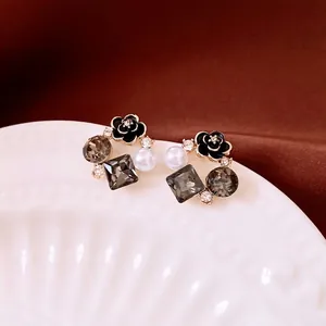 French palace style black camellia flower earrings with pearls and crystals