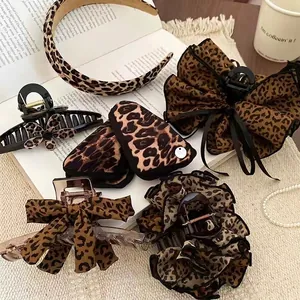 Leopard Print Fabric Hair Claw Clip Large Butterfly Bow Shark Clip Vintage Retro Elegant Hair Accessories For Women