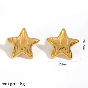 Golden 18k plated stainless steel star earrings with brushed texture on white background