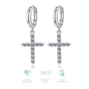 Detail view of S925 sterling silver cross earrings with D color moissanite and GRA certificate