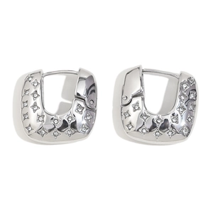 Silver U-shaped square hoop earrings in polished steel with sparkling starburst zircons