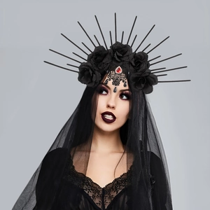 Gothic halo crown headband with black roses and red gems for Halloween costume accessory