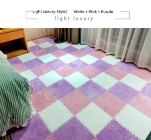 Detailed interlocking plush EVA foam mats in white, pink and purple for bedroom floors