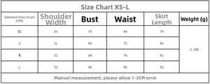 Detailed size chart for women's casual layered mini dress in XS to L measurements