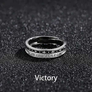 Retro Thai silver style open ring for men featuring star patterns and Shine Victory engraving
