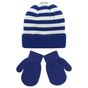 Detail of kids striped knit beanie and matching solid blue mittens two-piece set