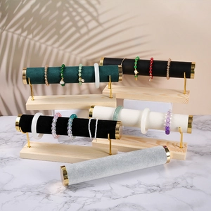 Luxury multi-layer T-bar wooden bracelet display stand with gold metal and velvet finish