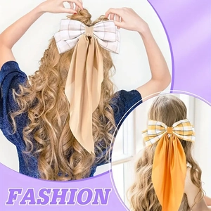 Plaid bow hair clips with long satin ribbons in beige and yellow for women's hairstyles