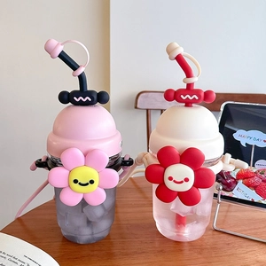 Cute sunflower straw water bottle for girls with adjustable strap and cartoon flower patterns