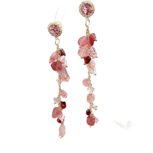 Elegant floral shell tassel earrings with pink crystals and long golden dangle chains