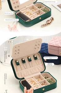 Detail view of velvet jewelry box with ring slots and flexible storage compartments
