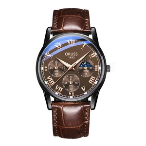 Luminous chronometer watch for men with brown leather strap and rose gold Roman numerals